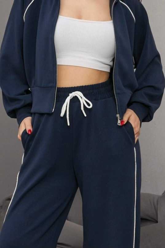 LACİVERT BİYE DETAYLI BELİ LASTİKLİ EŞOFMAN TAKIMI