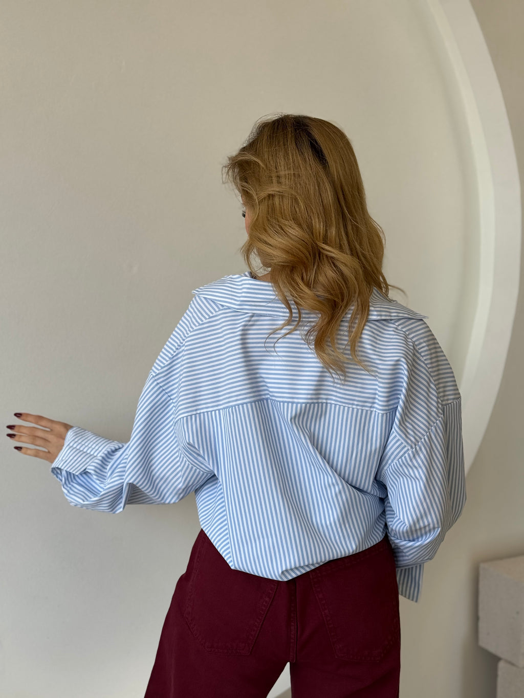 Oversize Arkası Uzun Mavi Beyaz Çizgili Gömlek