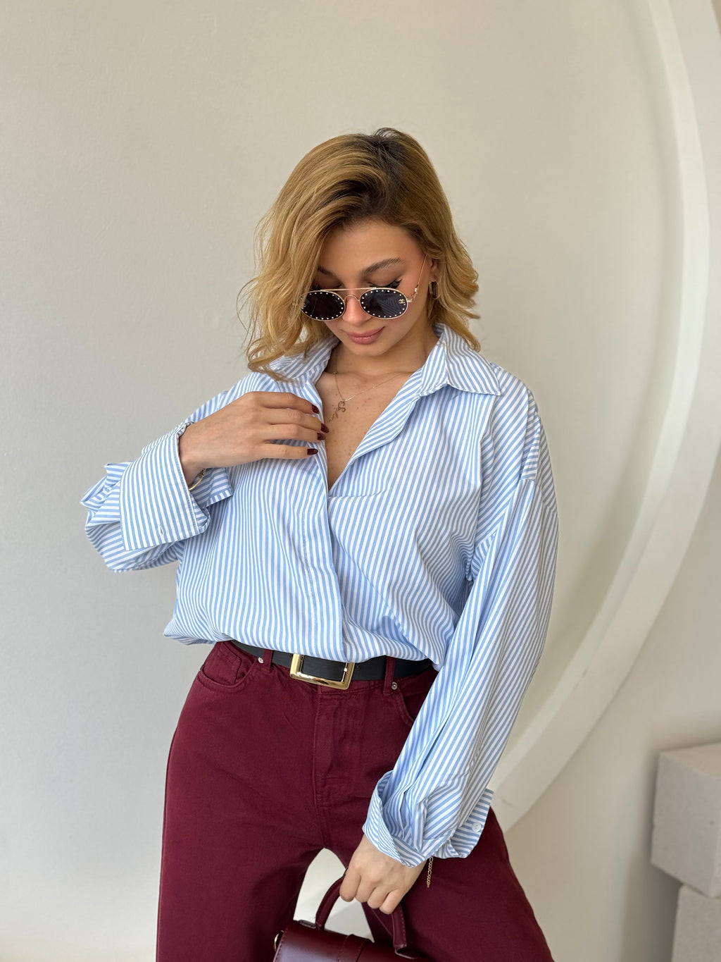 Oversize Arkası Uzun Mavi Beyaz Çizgili Gömlek