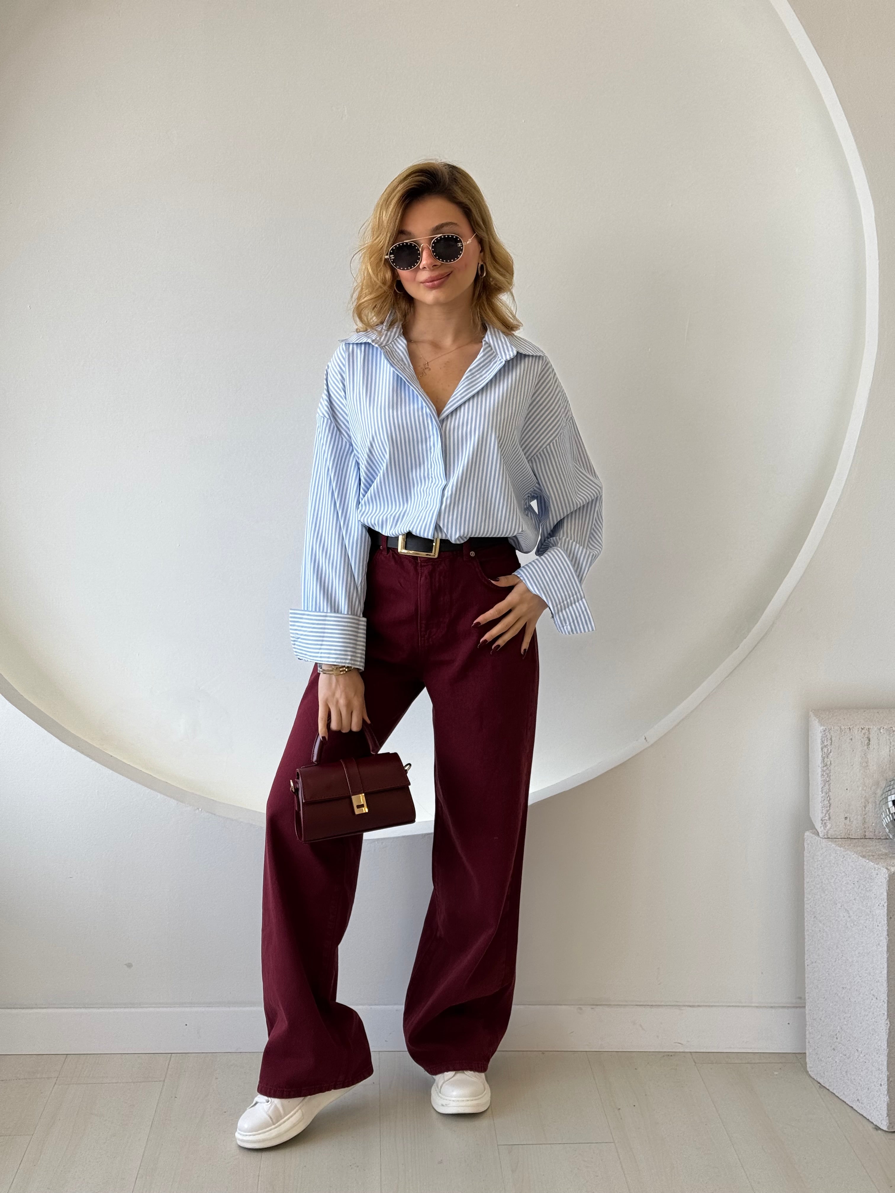 Oversize Arkası Uzun Mavi Beyaz Çizgili Gömlek