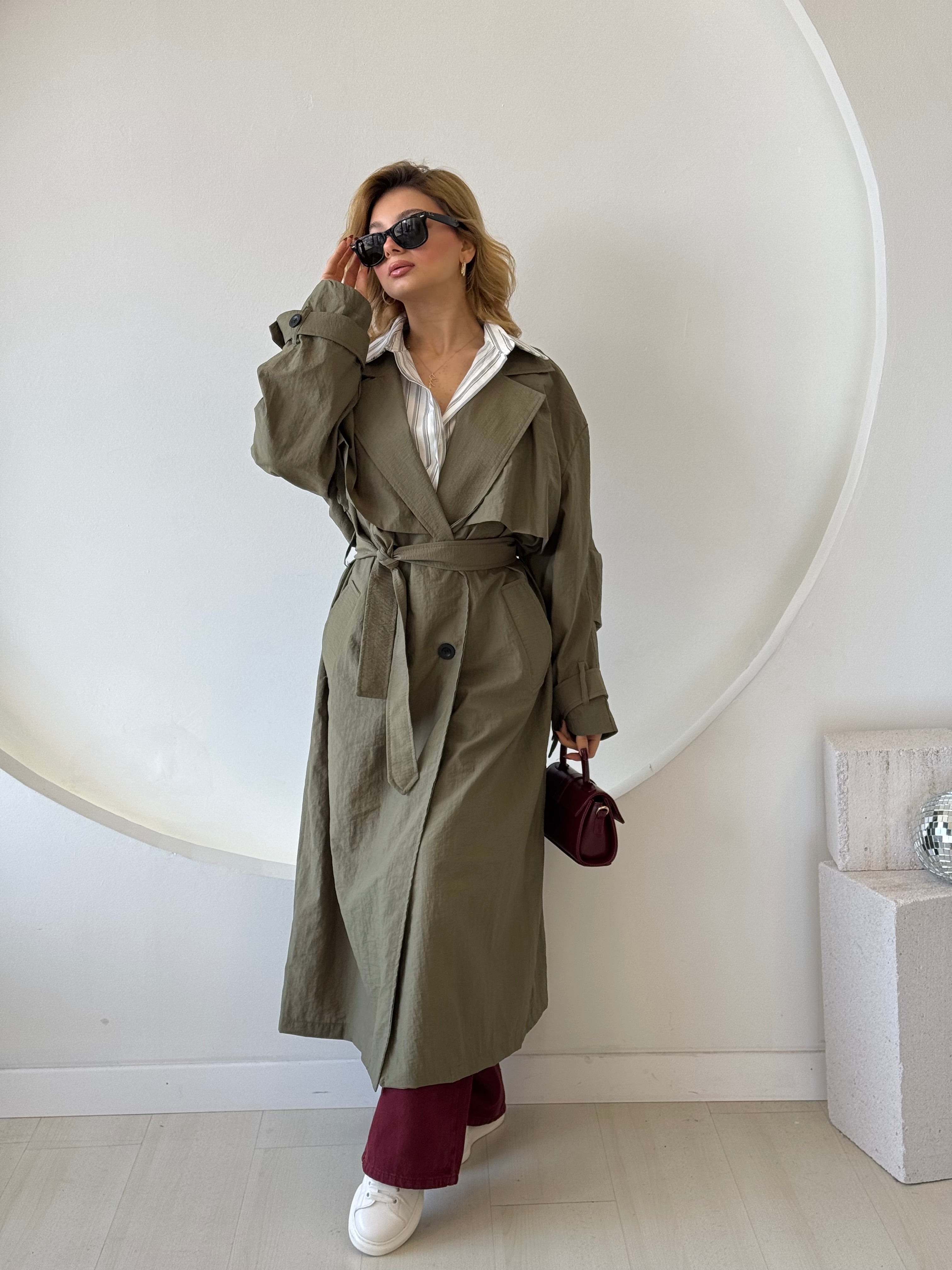 Haki Beli Kemerli Trençkot