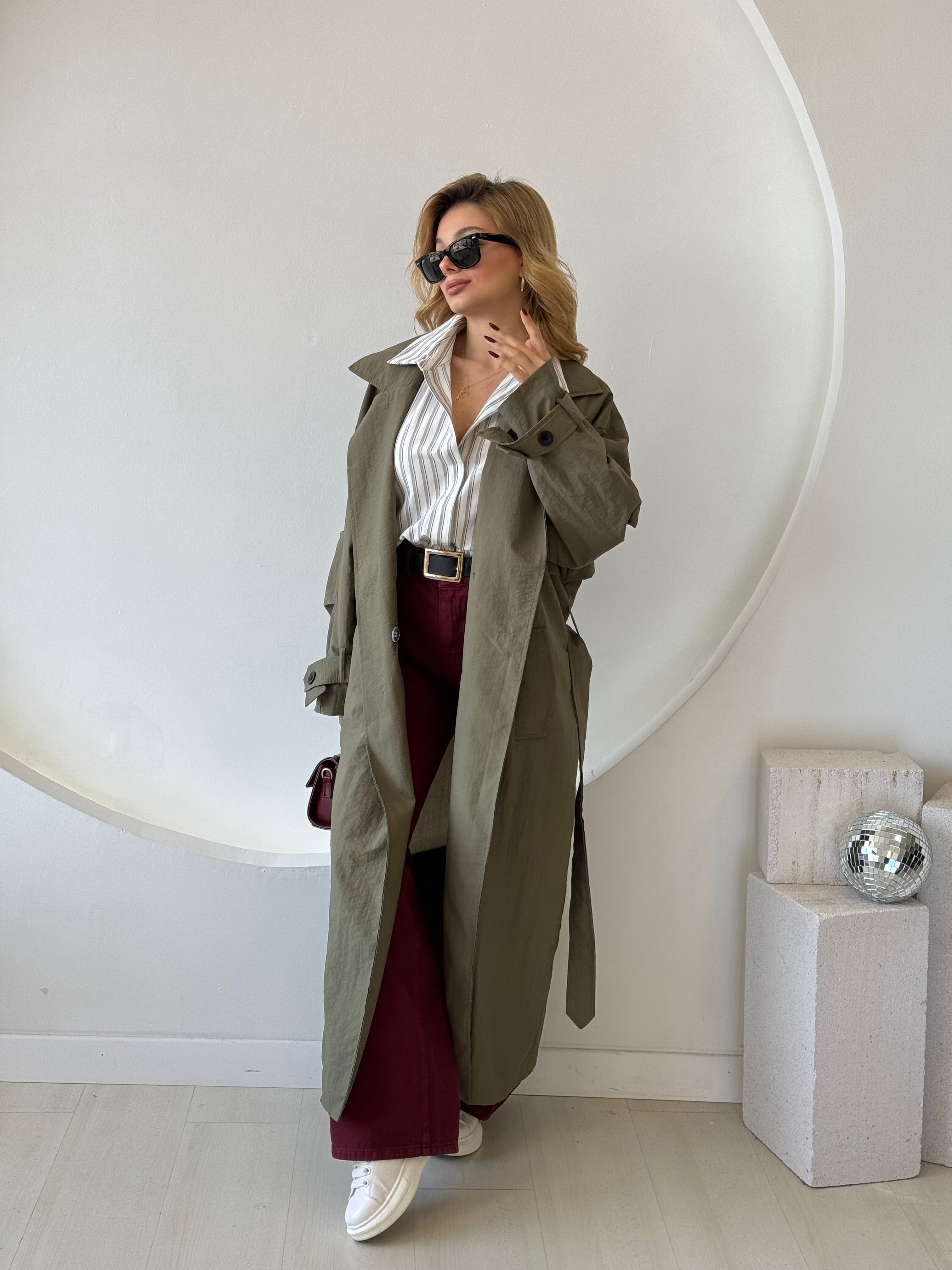 Haki Beli Kemerli Trençkot