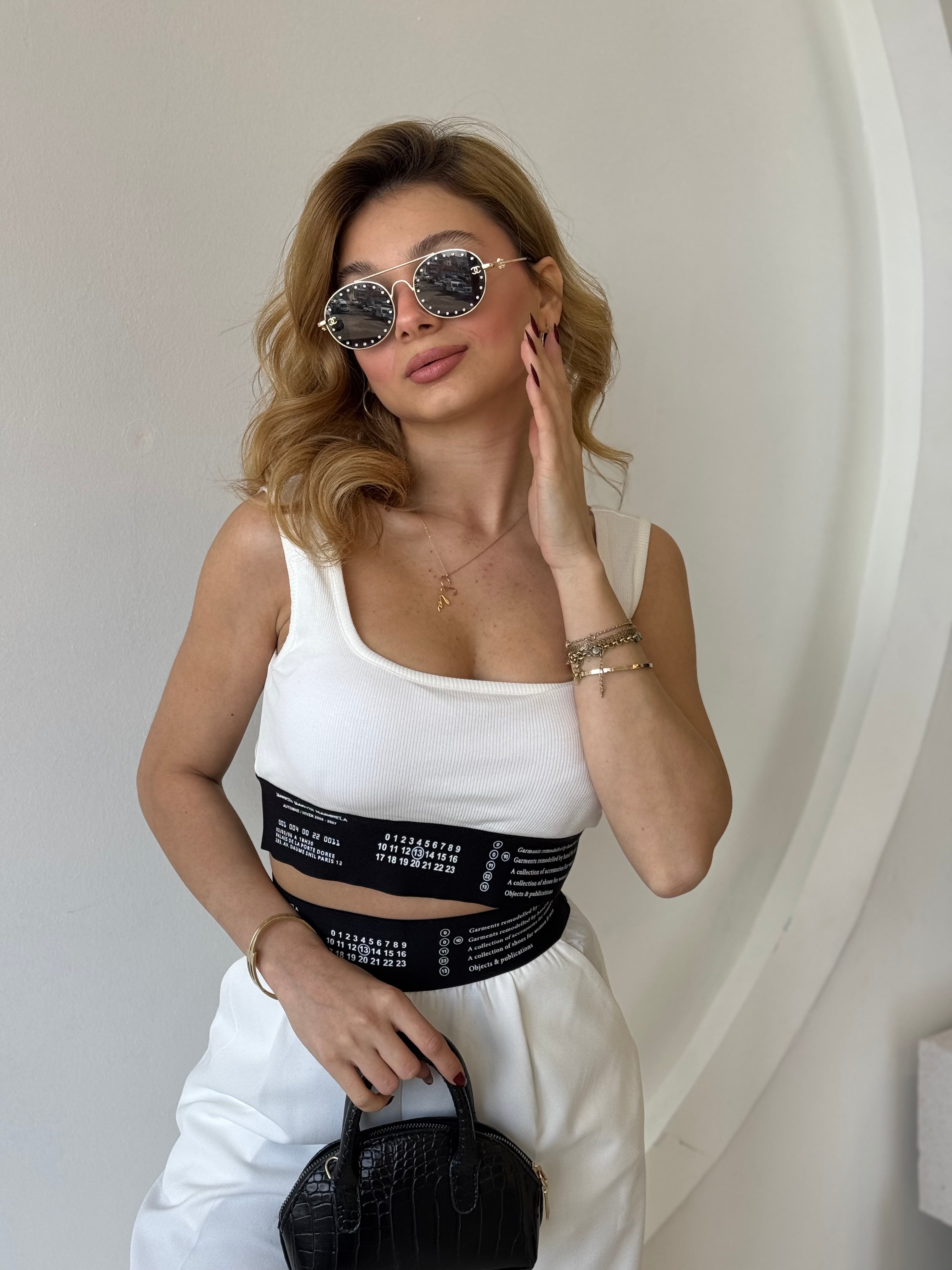 Beyaz Pantolon Crop Takım