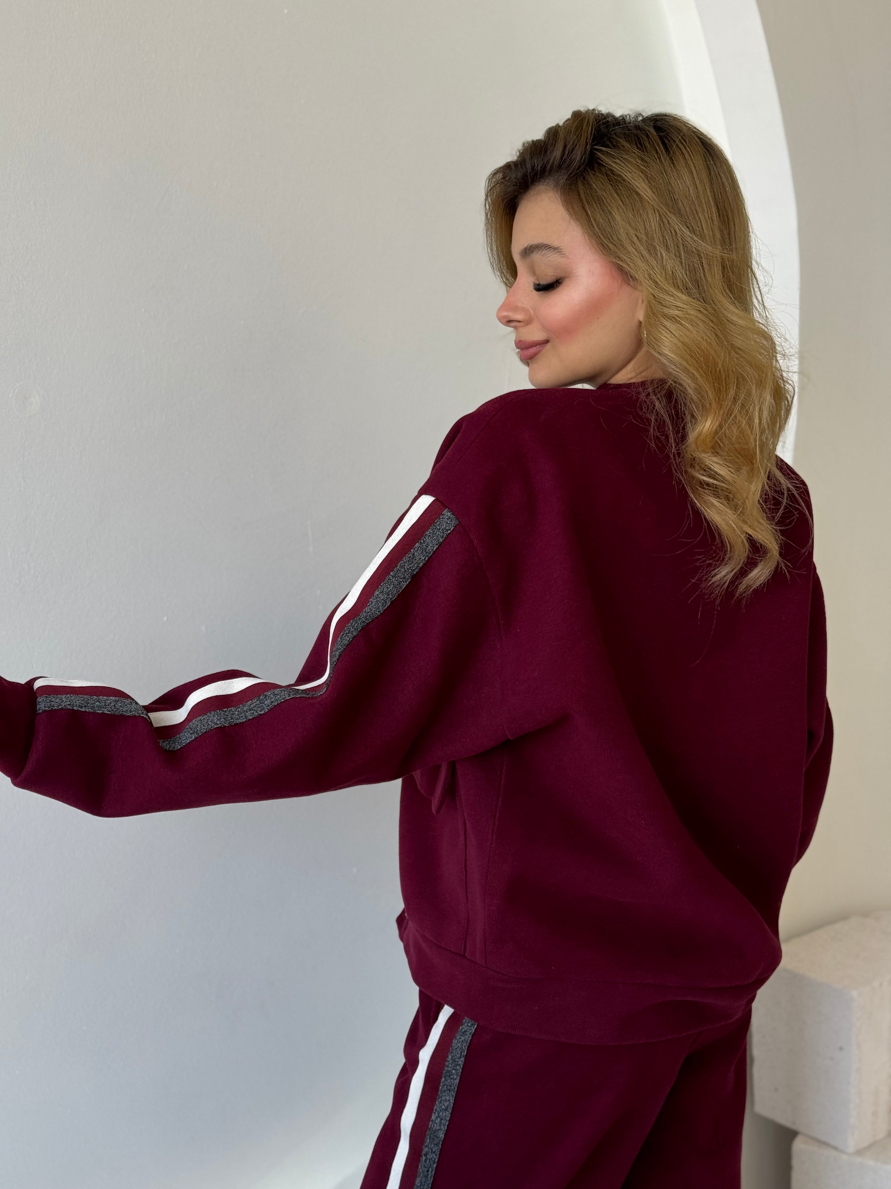 Bordo Düğme Ve Cep Detaylı Şeritli Astarlı Takım